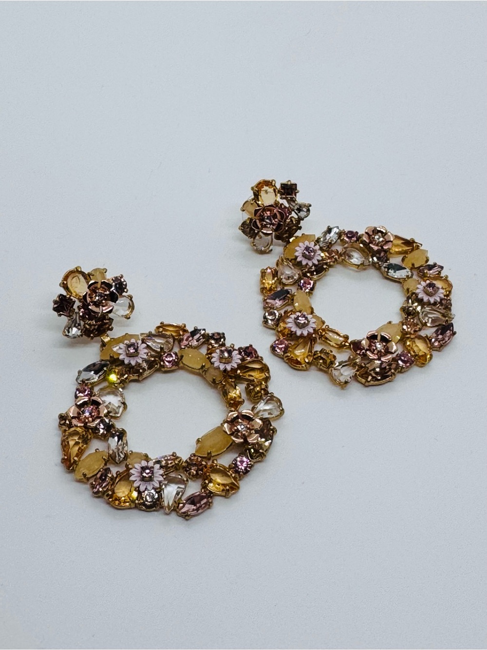 J. Crew Floral Crystal Wreath Statement Earrings Rare Retired Gold Tone Pastel